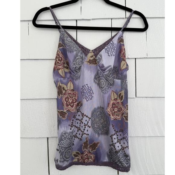 Vtg Xhilaration Womens Medium Y2K Babydoll Floral Satin Crochet Trim Cami Purple - Picture 1 of 8